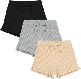 3 Pack Baby Toddler Girl Shorts Ribbed Infant Girls Solid Color Soft Elastic Bow Waist Ruffle Summer Casual Shorts