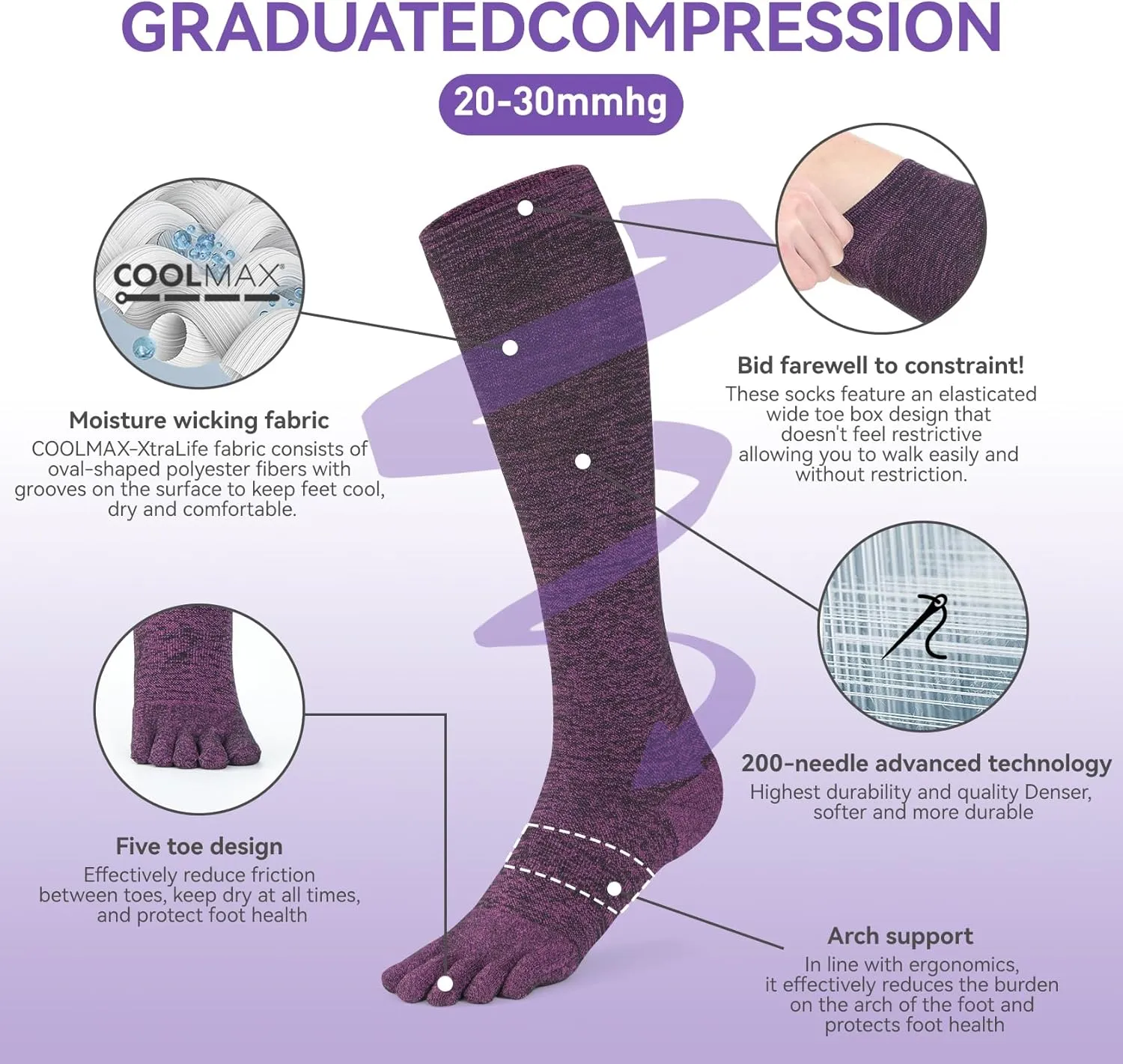 3 Pairs CoolMax Compression Toe Socks for Women Men 20-30mmHg Knee High Circulation Support Socks
