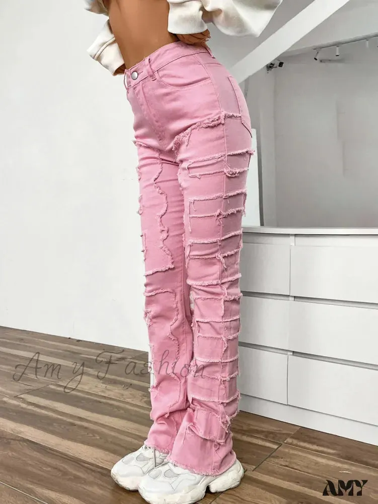 Amy Fashion - 2024 New European and American Streetwise Stretch Patch for Women High Street Straight Fit Long Women's Jean