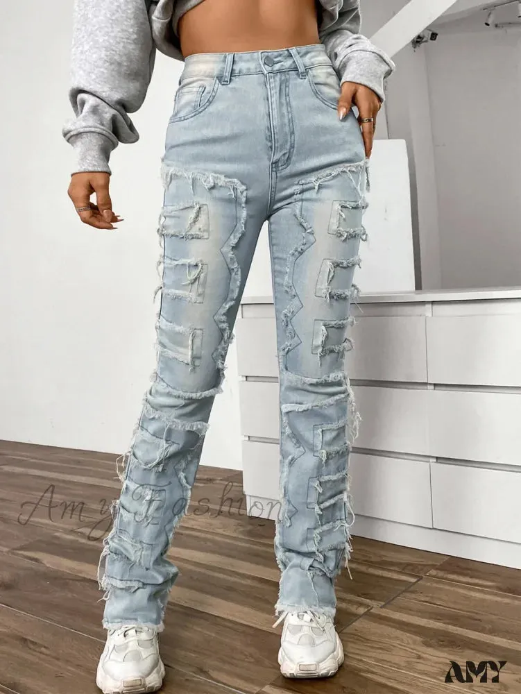 Amy Fashion - 2024 New European and American Streetwise Stretch Patch for Women High Street Straight Fit Long Women's Jean