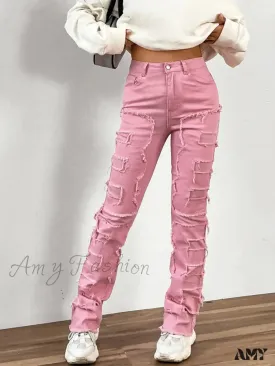 Amy Fashion - 2024 New European and American Streetwise Stretch Patch for Women High Street Straight Fit Long Women's Jean