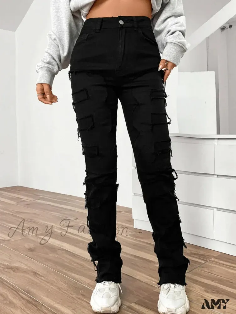 Amy Fashion - 2024 New European and American Streetwise Stretch Patch for Women High Street Straight Fit Long Women's Jean