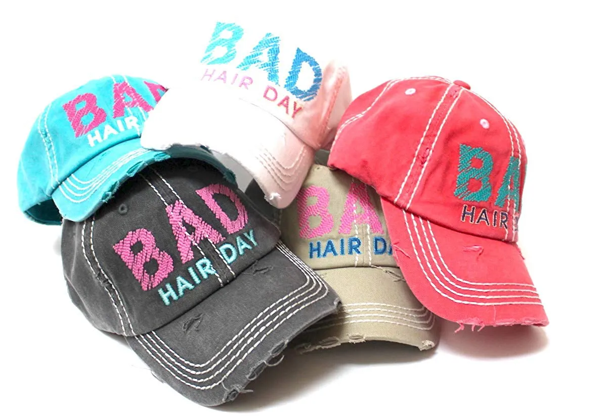 Bad Hair Day Stitch Embroidery Distressed Baseball Hat, Turquoise Blue