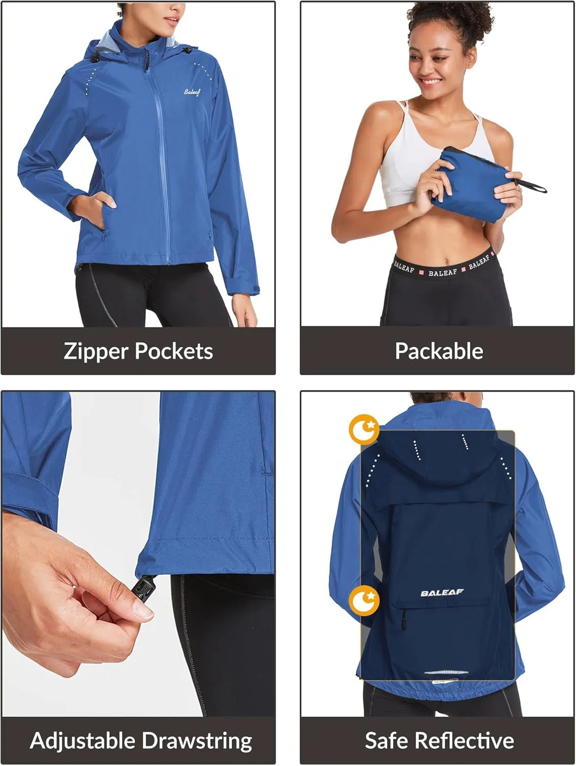 baleaf Women's Rain Jackets Waterproof Windbreaker Packable Running Lightweight Cycling Jacket Reflective Hooded