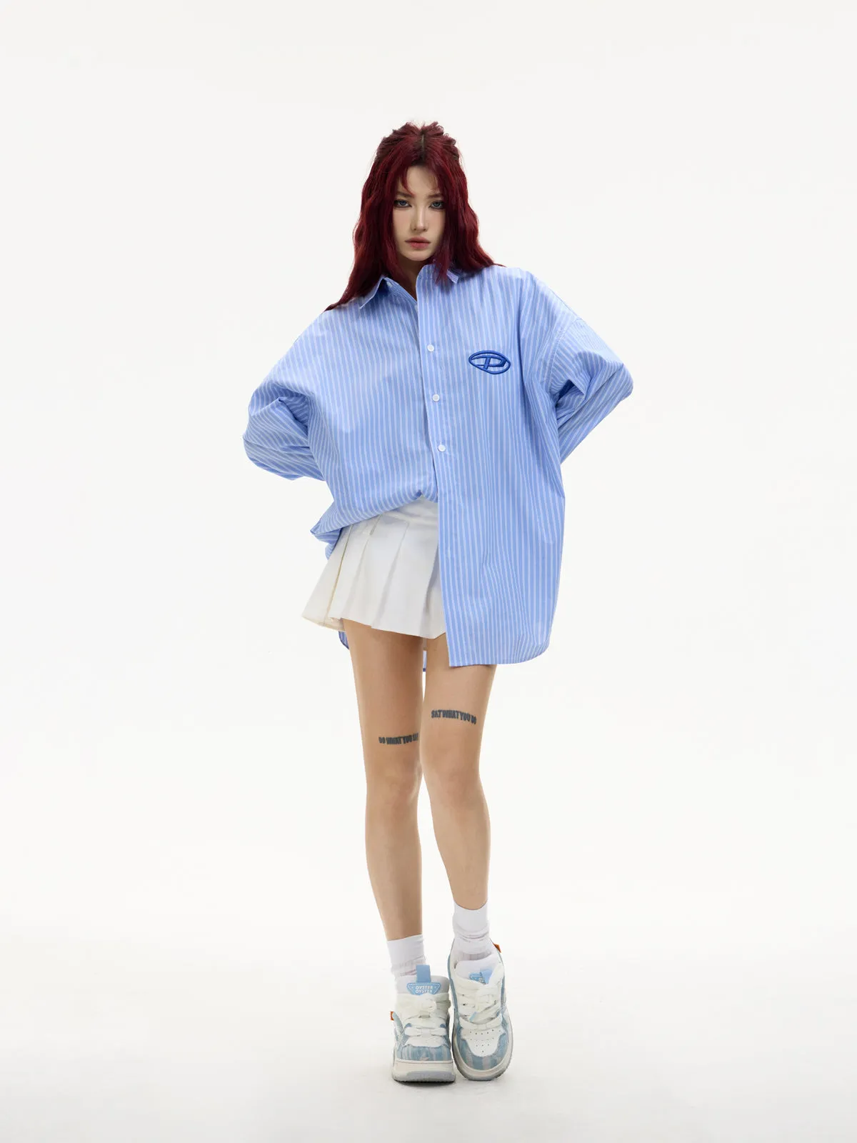 Embroidered Stripes Loose Long-sleeved Shirt【s0000004180】