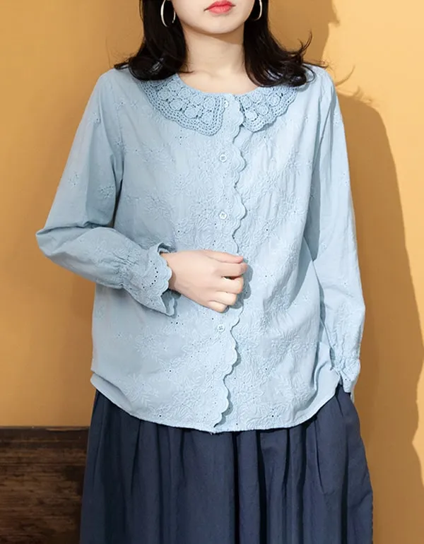 Embroidery Lace Long-sleeved Cotton Shirt