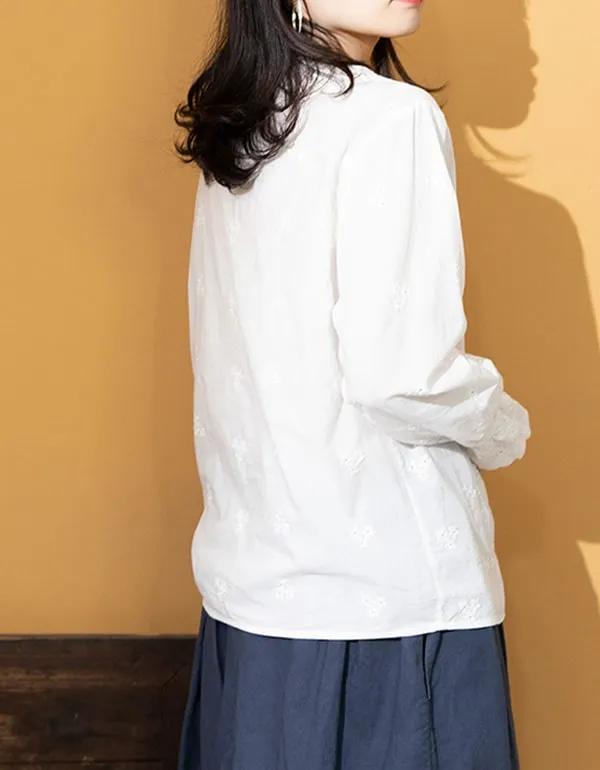 Embroidery Lace Long-sleeved Cotton Shirt