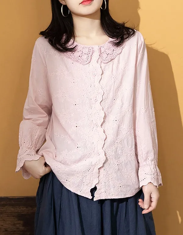 Embroidery Lace Long-sleeved Cotton Shirt