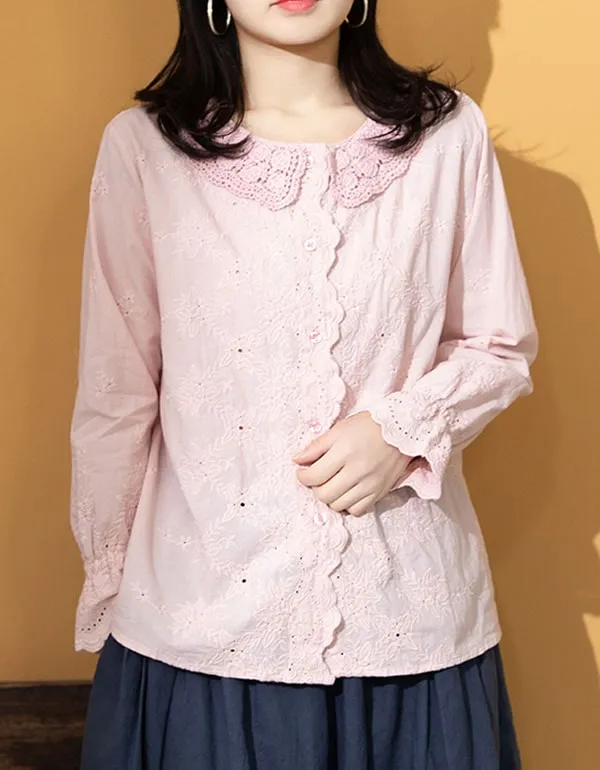Embroidery Lace Long-sleeved Cotton Shirt