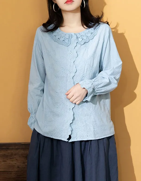 Embroidery Lace Long-sleeved Cotton Shirt