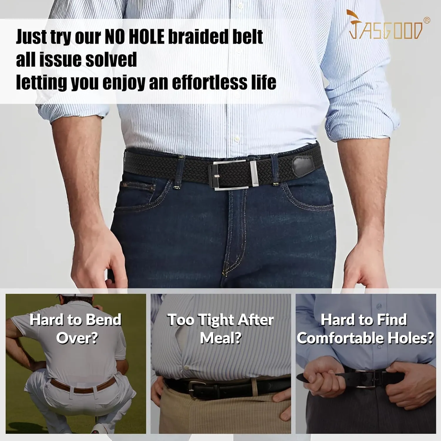 JASGOOD Stretchy Braided Belt for Men Elastic Woven Belt for Jeans Pants 1 3/8" Casual Men Women Golf Belt, Gift Box