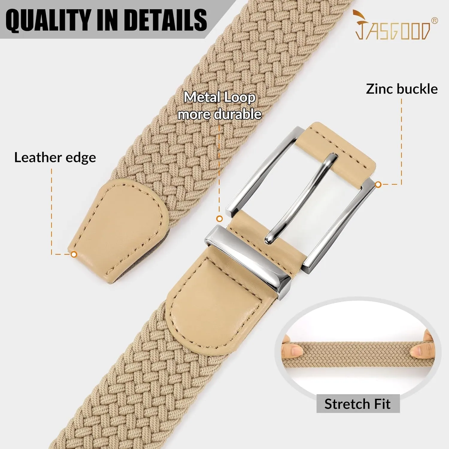 JASGOOD Stretchy Braided Belt for Men Elastic Woven Belt for Jeans Pants 1 3/8" Casual Men Women Golf Belt, Gift Box