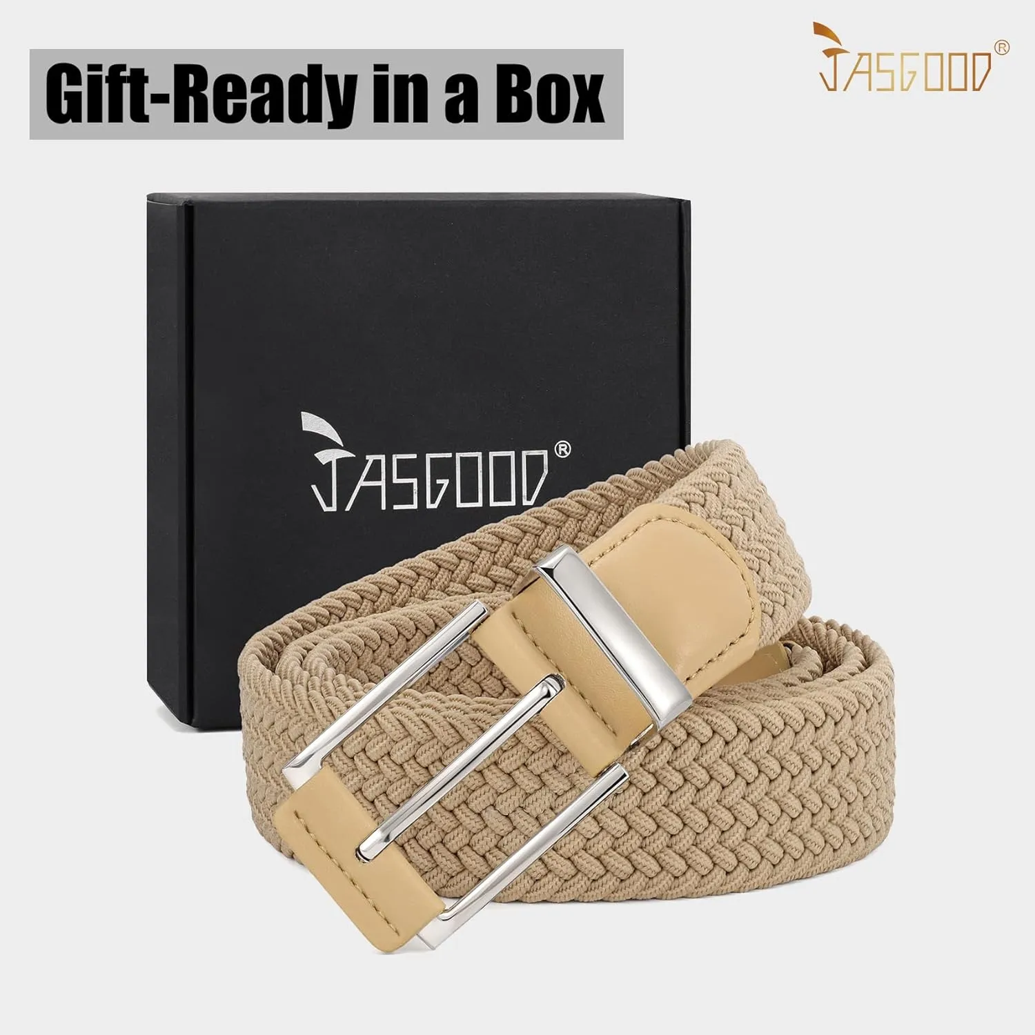 JASGOOD Stretchy Braided Belt for Men Elastic Woven Belt for Jeans Pants 1 3/8" Casual Men Women Golf Belt, Gift Box