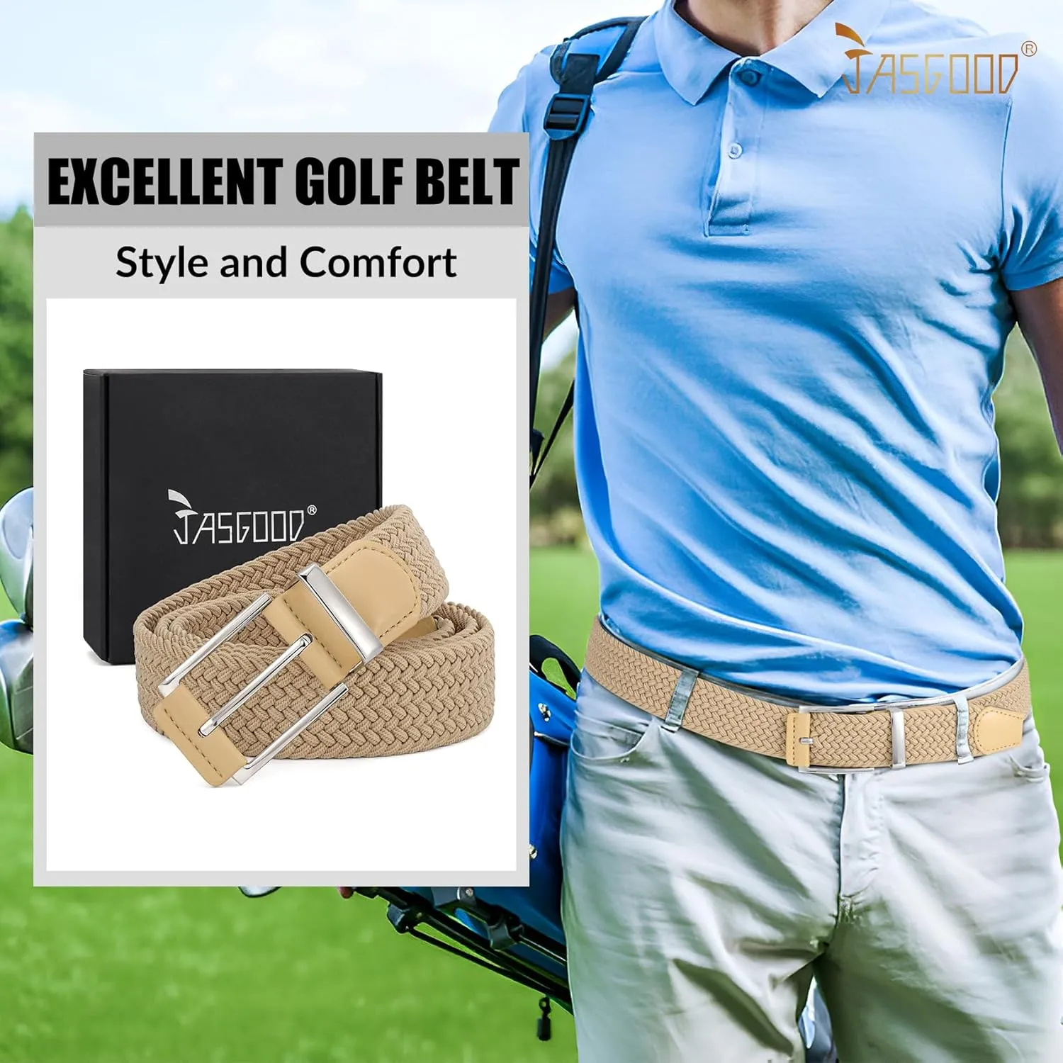 JASGOOD Stretchy Braided Belt for Men Elastic Woven Belt for Jeans Pants 1 3/8" Casual Men Women Golf Belt, Gift Box