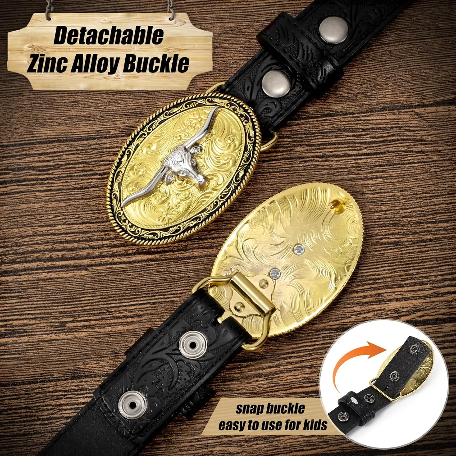Kids Western Belt for Boys Girls, Embossed Genuine Leather Cowboy Cowgirl Belt for Jeans Pant Dresses Gift