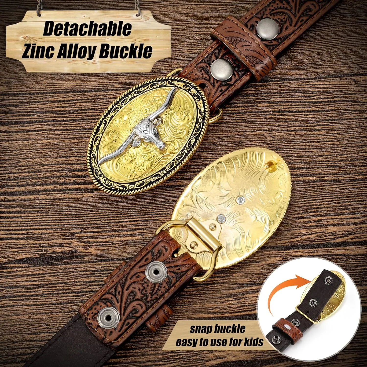 Kids Western Belt for Boys Girls, Embossed Genuine Leather Cowboy Cowgirl Belt for Jeans Pant Dresses Gift