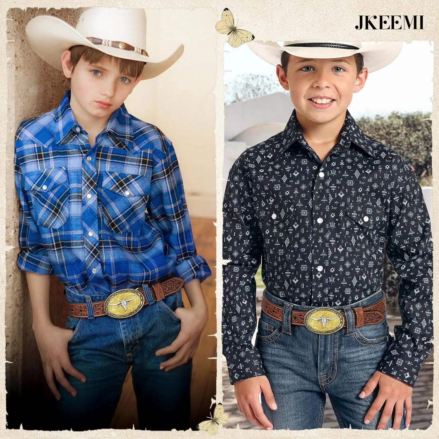 Kids Western Belt for Boys Girls, Embossed Genuine Leather Cowboy Cowgirl Belt for Jeans Pant Dresses Gift