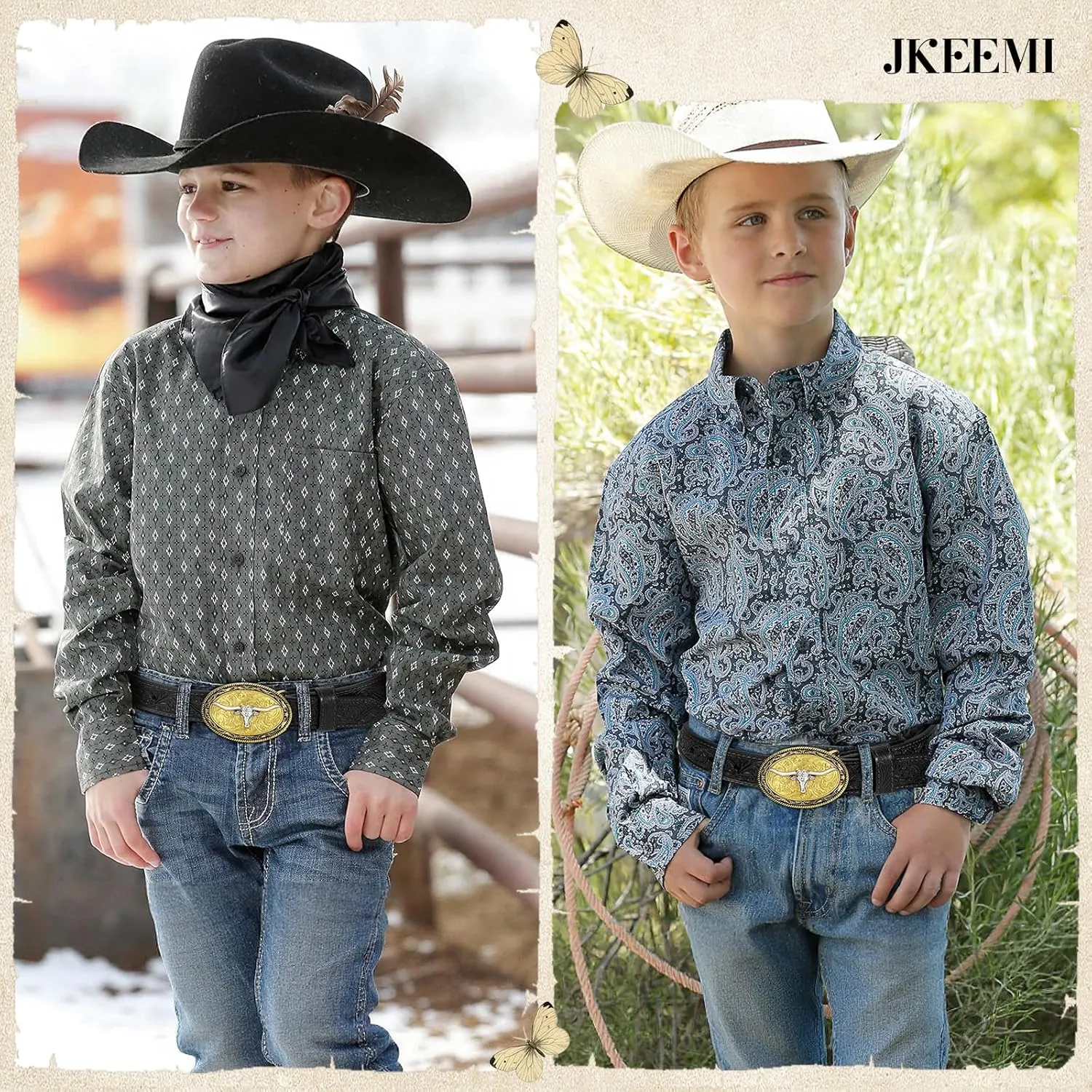Kids Western Belt for Boys Girls, Embossed Genuine Leather Cowboy Cowgirl Belt for Jeans Pant Dresses Gift