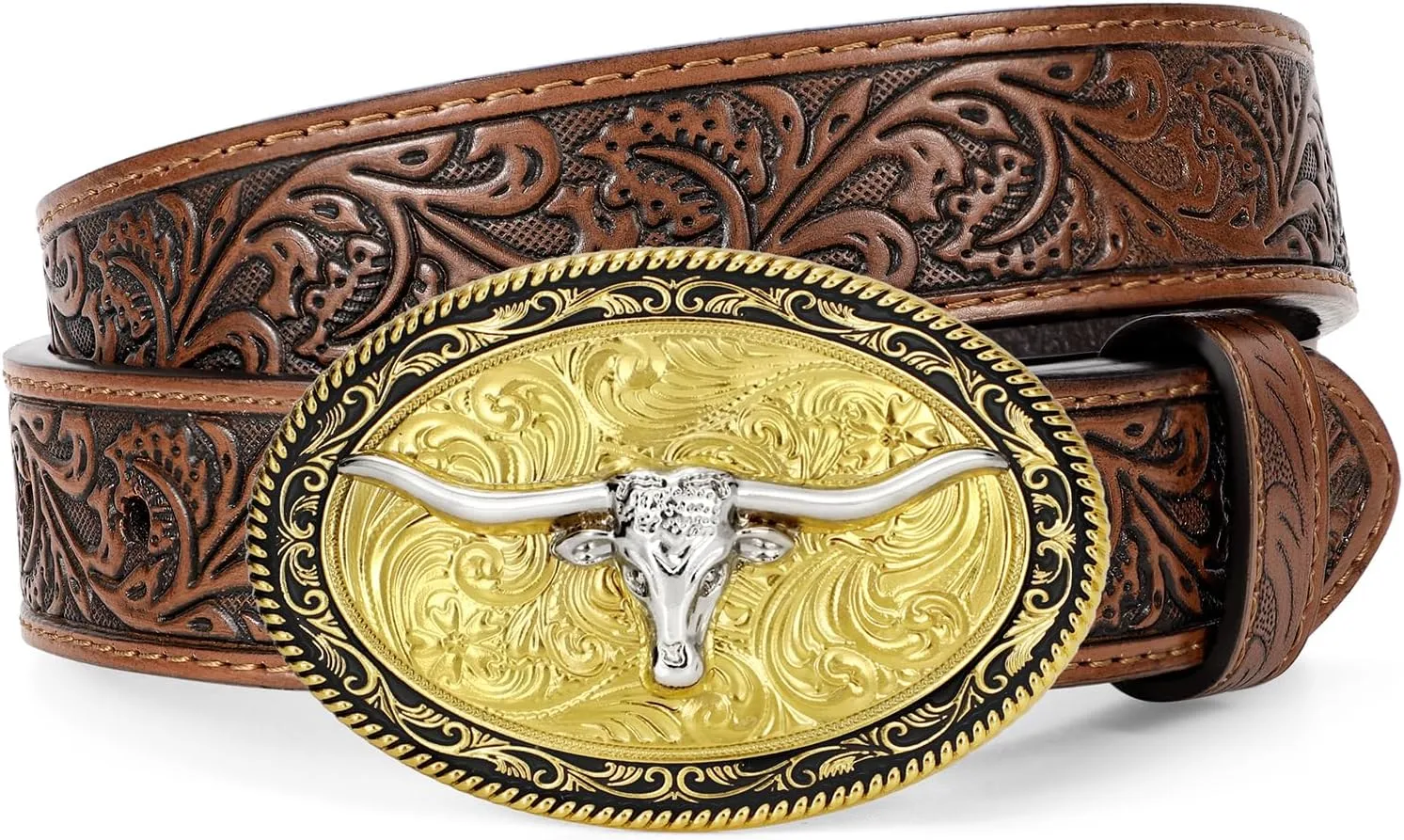 Kids Western Belt for Boys Girls, Embossed Genuine Leather Cowboy Cowgirl Belt for Jeans Pant Dresses Gift