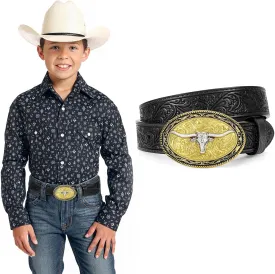 Kids Western Belt for Boys Girls, Embossed Genuine Leather Cowboy Cowgirl Belt for Jeans Pant Dresses Gift