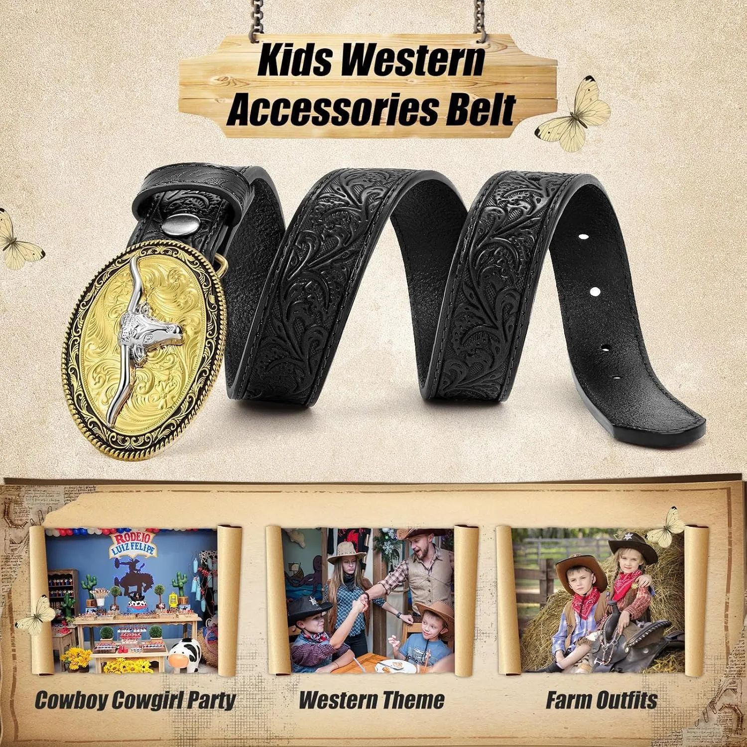 Kids Western Belt for Boys Girls, Embossed Genuine Leather Cowboy Cowgirl Belt for Jeans Pant Dresses Gift