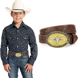 Kids Western Belt for Boys Girls, Embossed Genuine Leather Cowboy Cowgirl Belt for Jeans Pant Dresses Gift