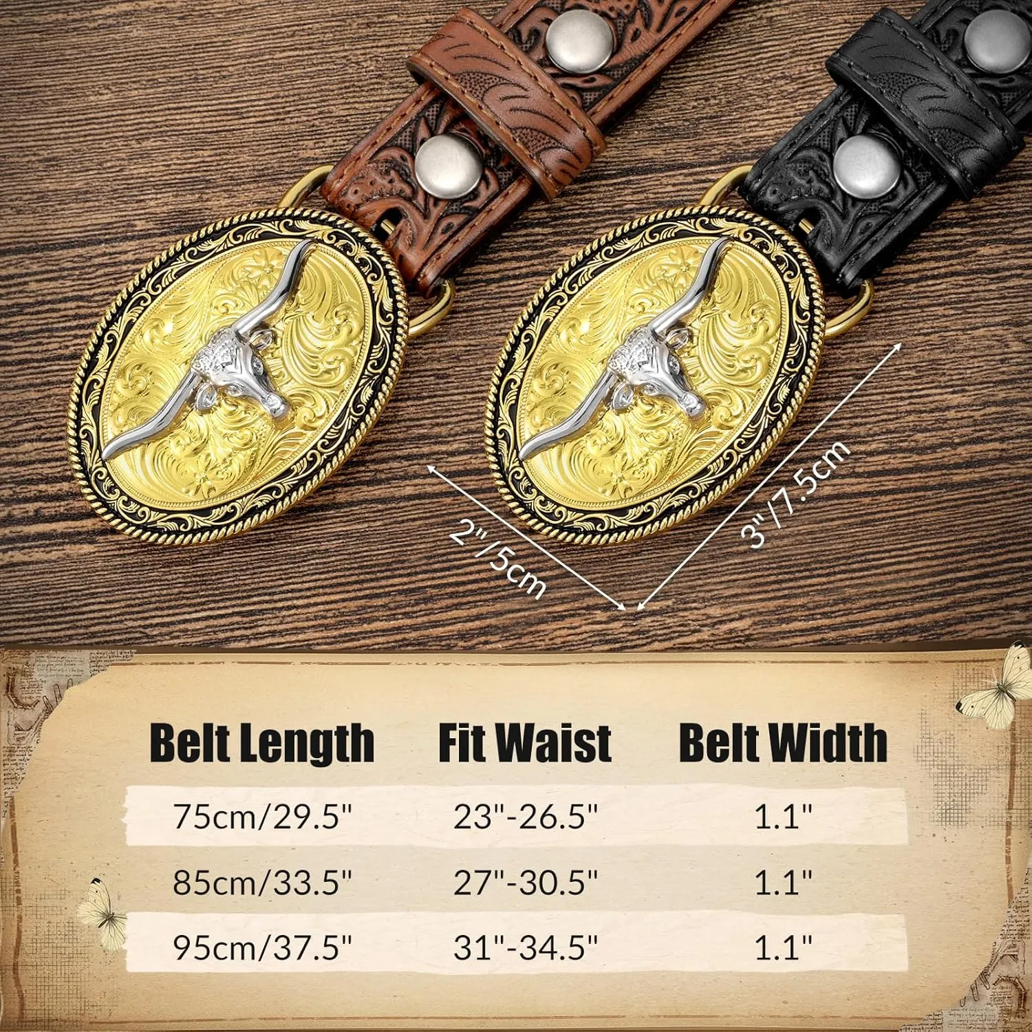 Kids Western Belt for Boys Girls, Embossed Genuine Leather Cowboy Cowgirl Belt for Jeans Pant Dresses Gift