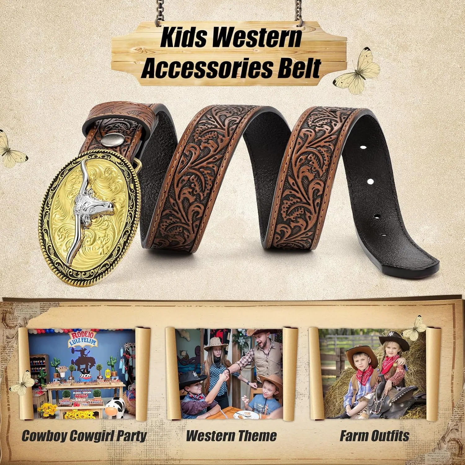 Kids Western Belt for Boys Girls, Embossed Genuine Leather Cowboy Cowgirl Belt for Jeans Pant Dresses Gift