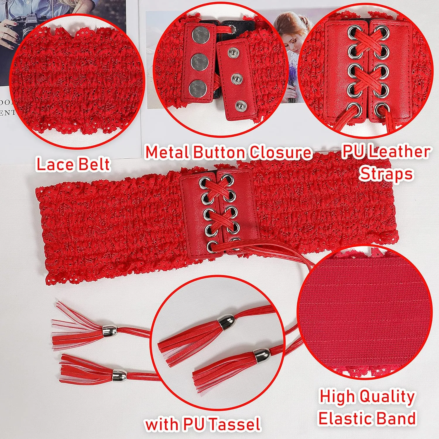 Lovful Lace Elastic Belt for Women,Adjustable Faux Leather Waist Belt,Tassel Obi Cinch Belt