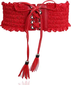 Lovful Lace Elastic Belt for Women,Adjustable Faux Leather Waist Belt,Tassel Obi Cinch Belt
