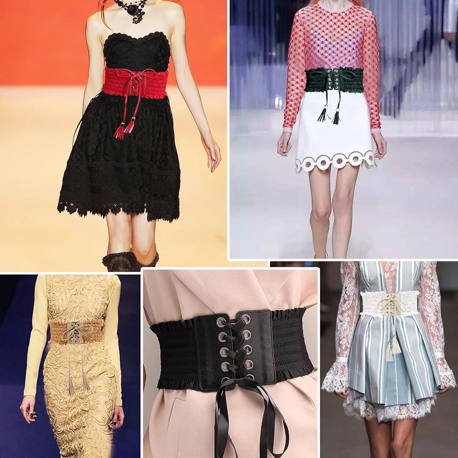 Lovful Lace Elastic Belt for Women,Adjustable Faux Leather Waist Belt,Tassel Obi Cinch Belt