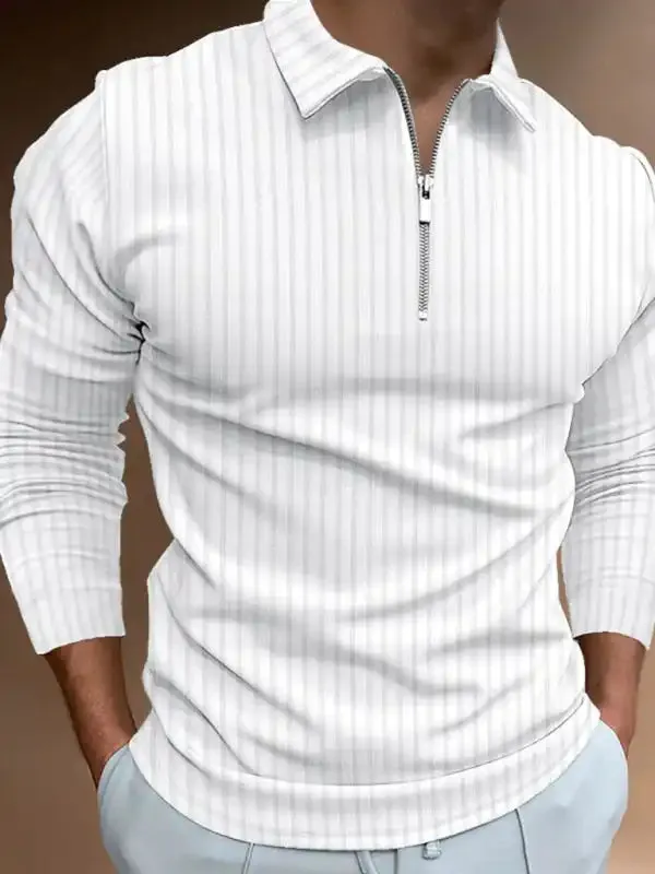 Men’s solid color zipper striped long-sleeved POLO shirt