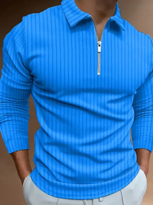 Men’s solid color zipper striped long-sleeved POLO shirt