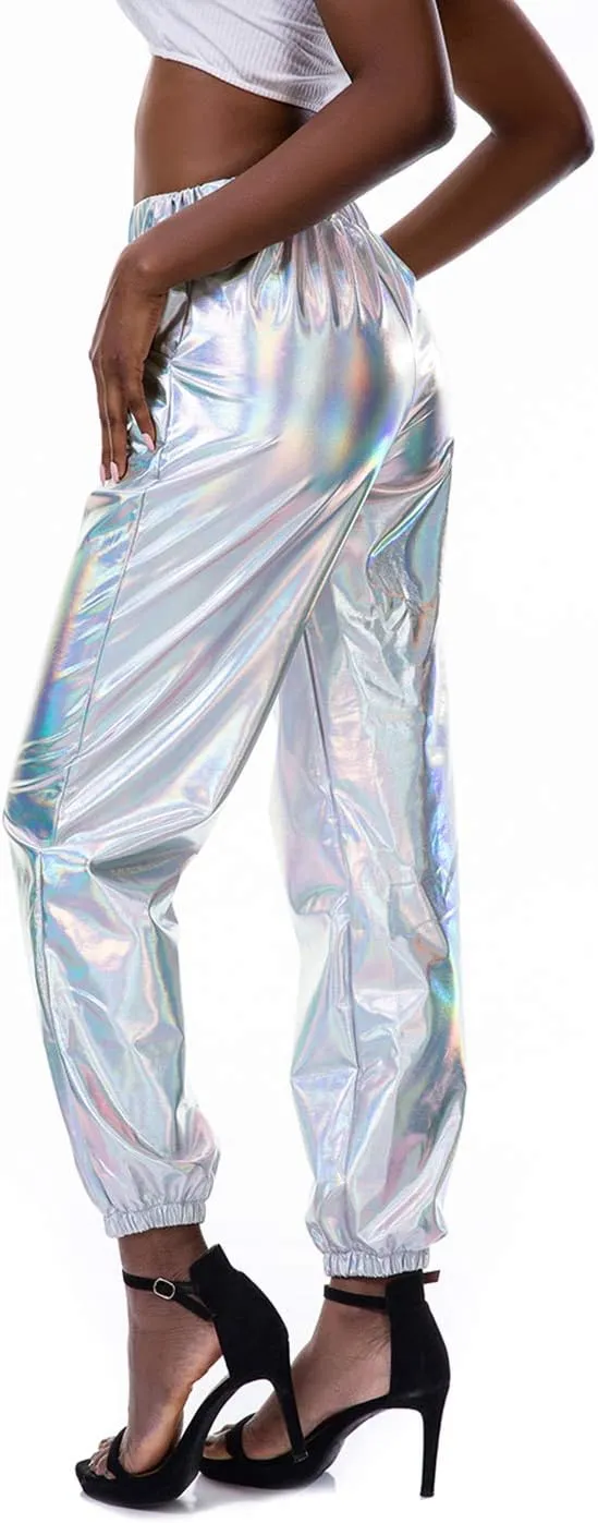 SIAEAMRG Womens Shiny Metallic High Waist Stretchy Jogger Pants, Wet Look Hip Hop Club Wear Holographic Trousers Sweatpant