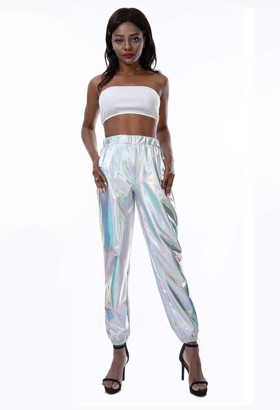 SIAEAMRG Womens Shiny Metallic High Waist Stretchy Jogger Pants, Wet Look Hip Hop Club Wear Holographic Trousers Sweatpant