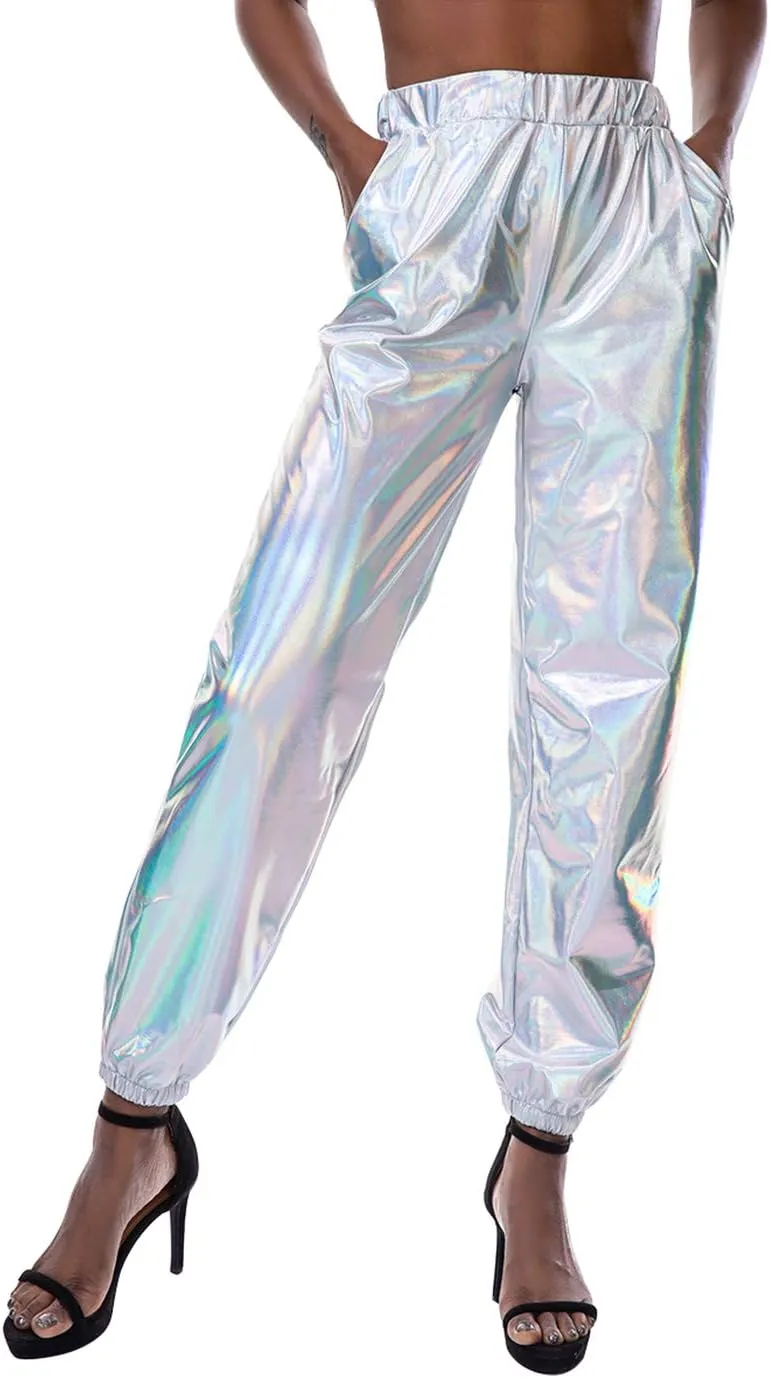 SIAEAMRG Womens Shiny Metallic High Waist Stretchy Jogger Pants, Wet Look Hip Hop Club Wear Holographic Trousers Sweatpant