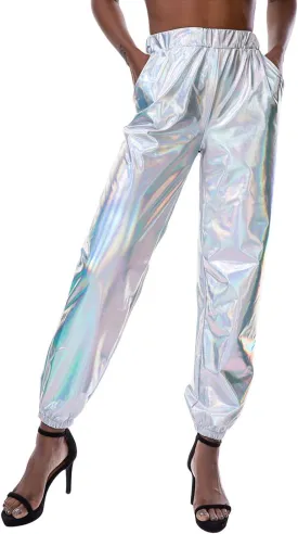SIAEAMRG Womens Shiny Metallic High Waist Stretchy Jogger Pants, Wet Look Hip Hop Club Wear Holographic Trousers Sweatpant
