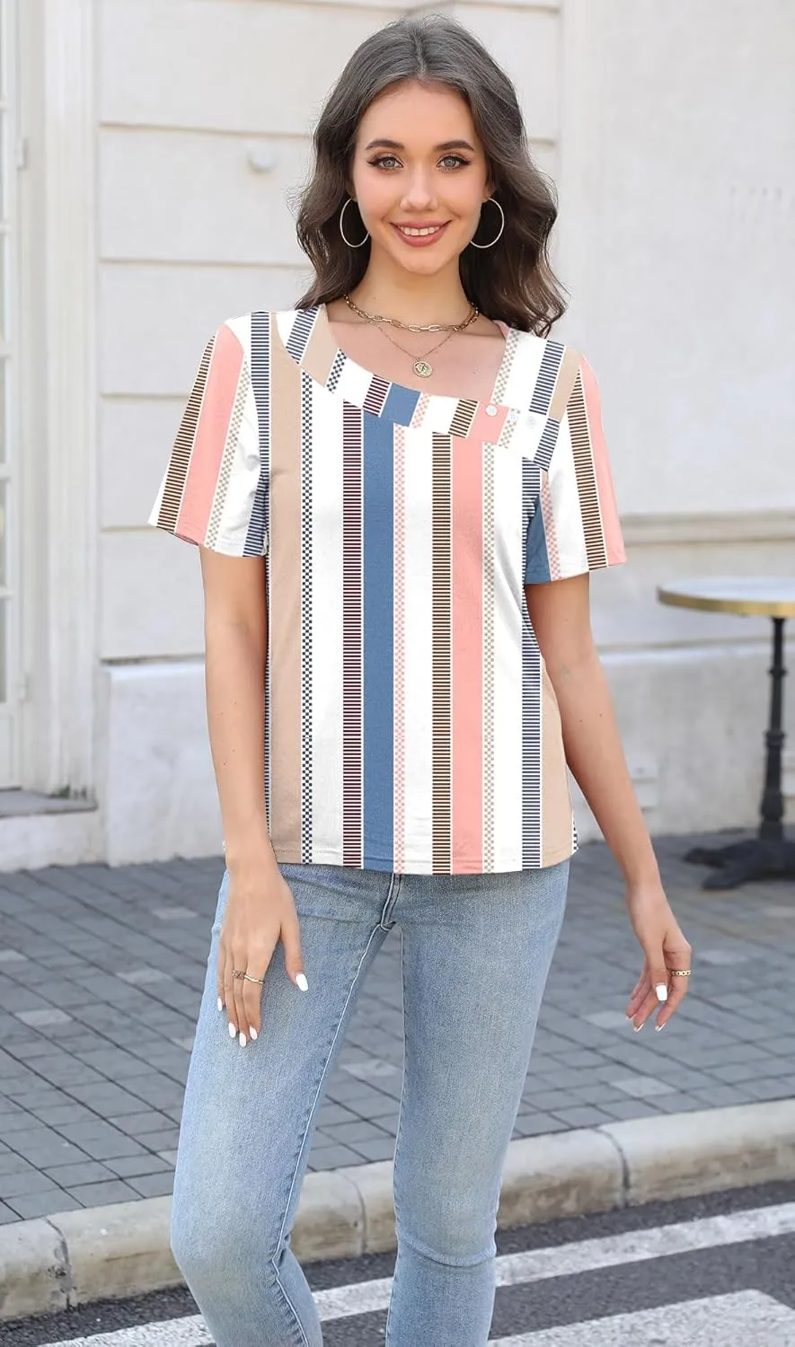 Soesdemo Womens Summer Tops Asymmetrical Neck Short Sleeve Button Dressy Casual Lightweight Tunic T Shirts Blouse