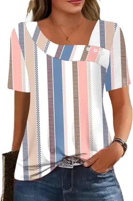 Soesdemo Womens Summer Tops Asymmetrical Neck Short Sleeve Button Dressy Casual Lightweight Tunic T Shirts Blouse