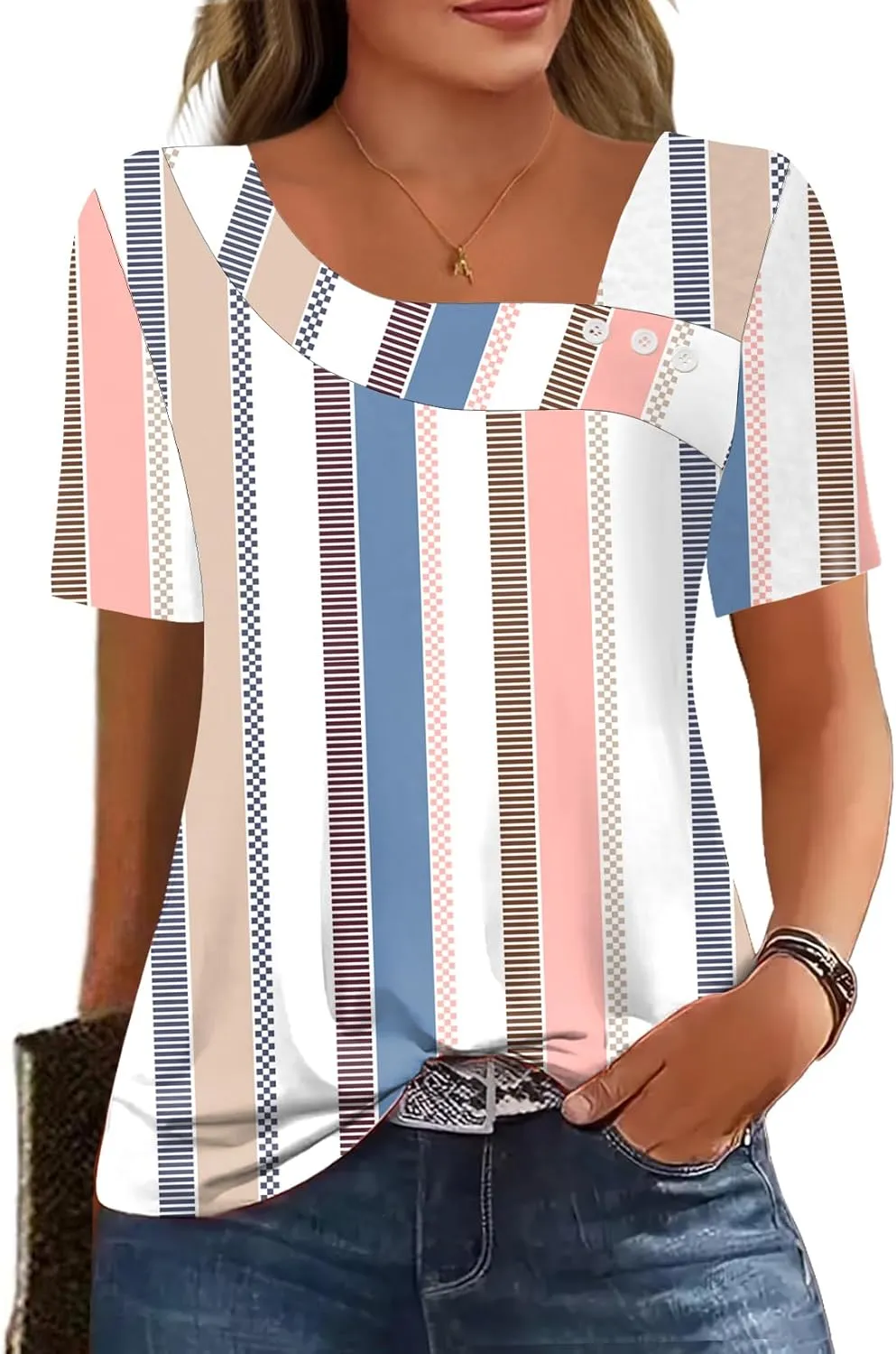 Soesdemo Womens Summer Tops Asymmetrical Neck Short Sleeve Button Dressy Casual Lightweight Tunic T Shirts Blouse