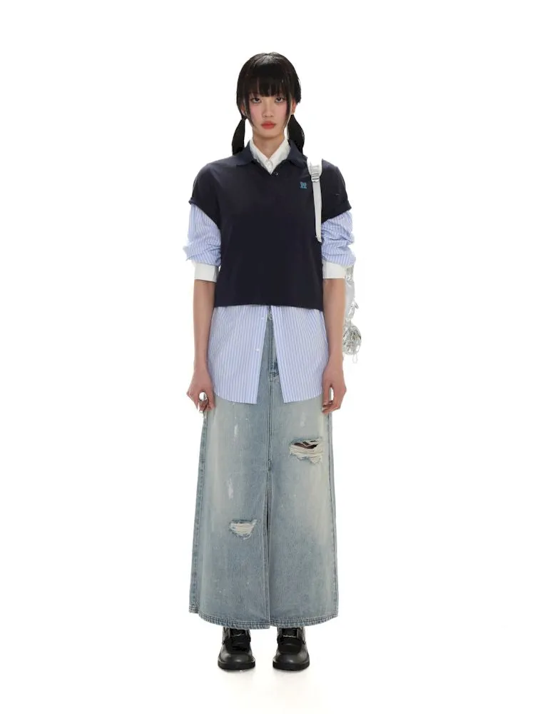 Stripe embroidery label long-sleeved shirt【s0000008650】