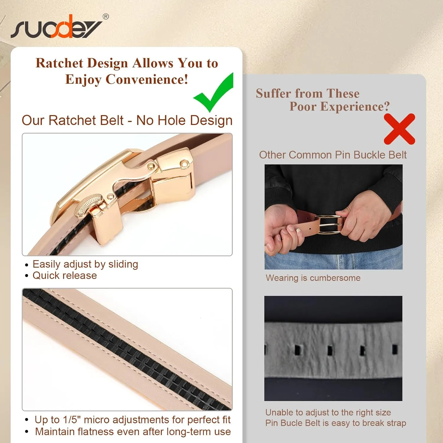 SUOSDEY Women Leather Ratchet Belt for Jeans Pants with Automatic Sliding Buckle, Adjustable Belt for Ladies, Width 1.2"