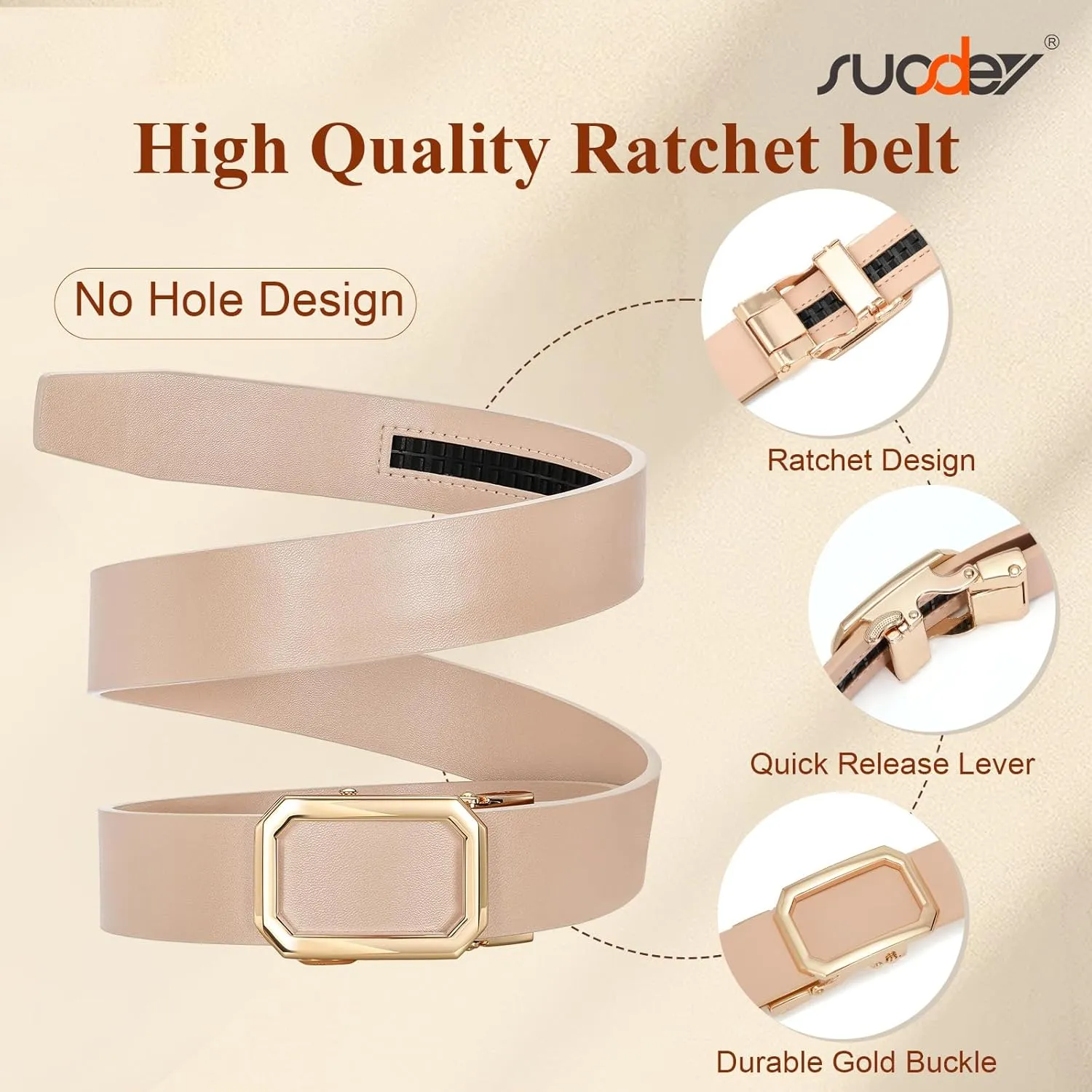 SUOSDEY Women Leather Ratchet Belt for Jeans Pants with Automatic Sliding Buckle, Adjustable Belt for Ladies, Width 1.2"