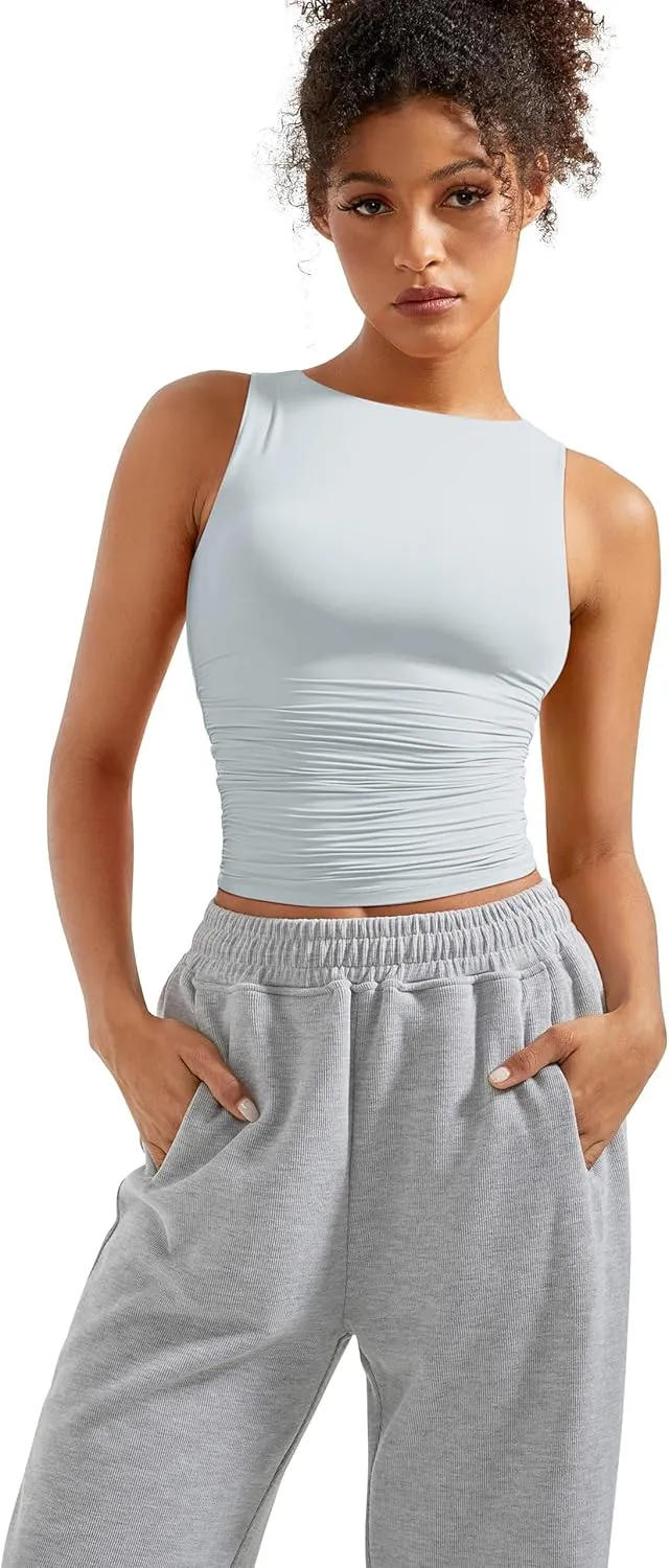 SUUKSESS Women Double Lined Going Out Basic Tank Tops Ruched Summer T Shirts