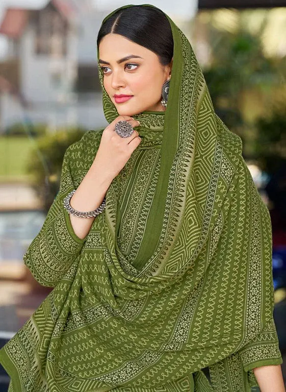 Unstitched Green Woolen Pashmina Winter Suit Dress Materials for Women