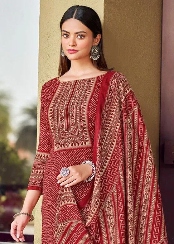 Unstitched Red Woolen Pashmina Winter Suit Dress Materials for Women