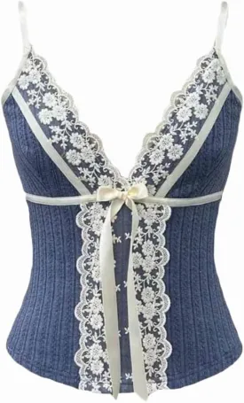 Women Y2K Vintage Lace Trim Cami Top 2000s Aesthetic Slim Fit Milkmaid Vest Cottage Crop Tank Top Coquette Clothes