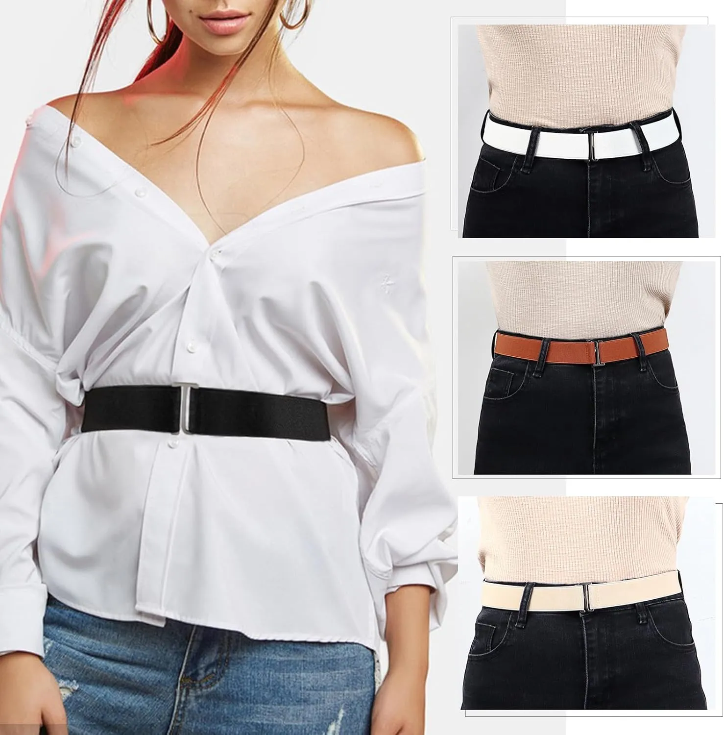 Womens No Show Stretch Belt Adjustable Elastic Belts Flat Buckle Belt for Pants Dresses Skirts and Jeans