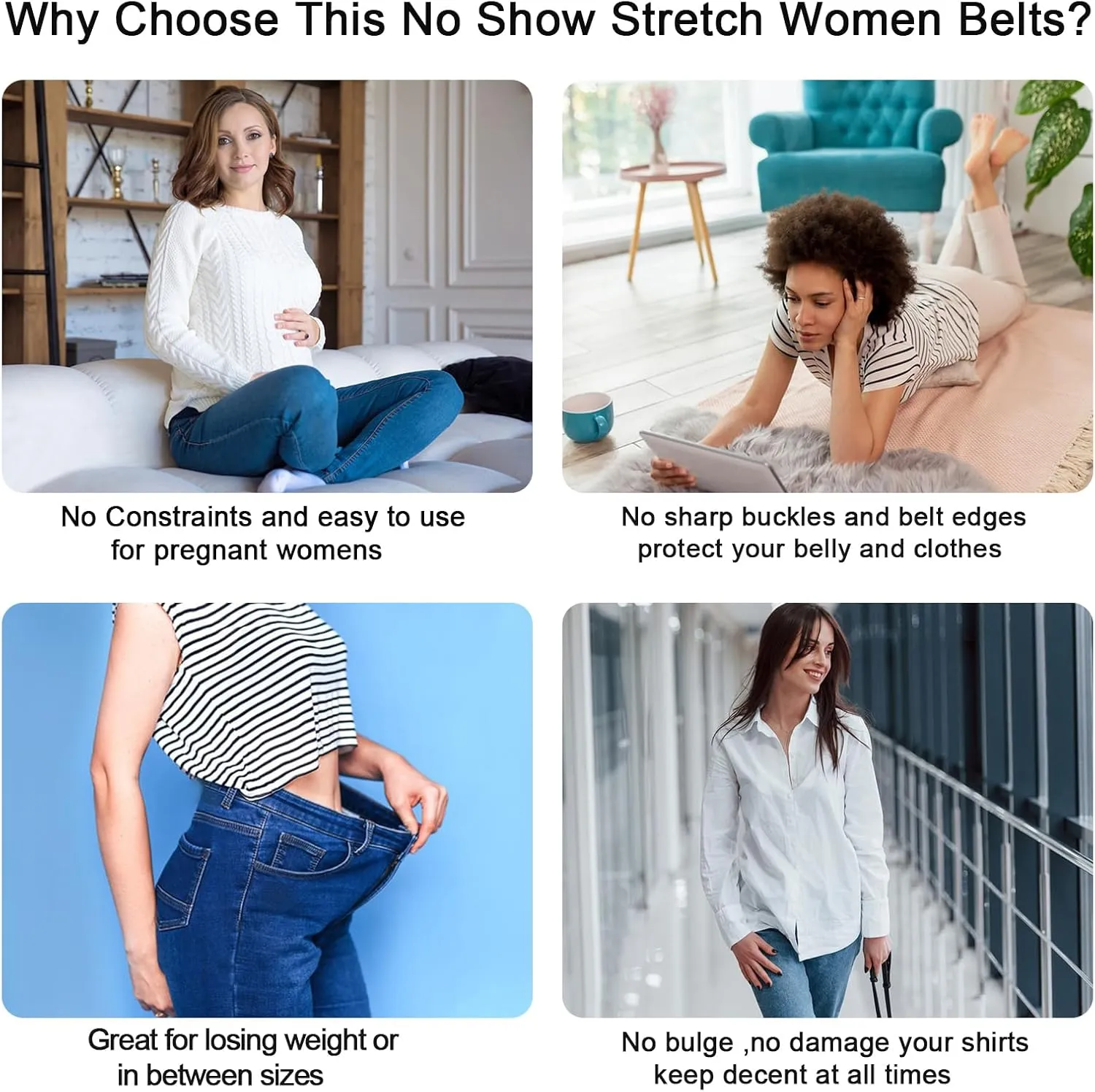 Womens No Show Stretch Belt Adjustable Elastic Belts Flat Buckle Belt for Pants Dresses Skirts and Jeans