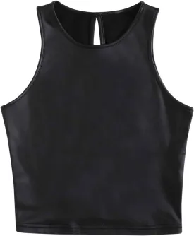 Women's Spaghetti Strap Tank Tops PU Leather Camisole Bralette Bodycon Crop Top Casual Cami Shirt Party Club Wear